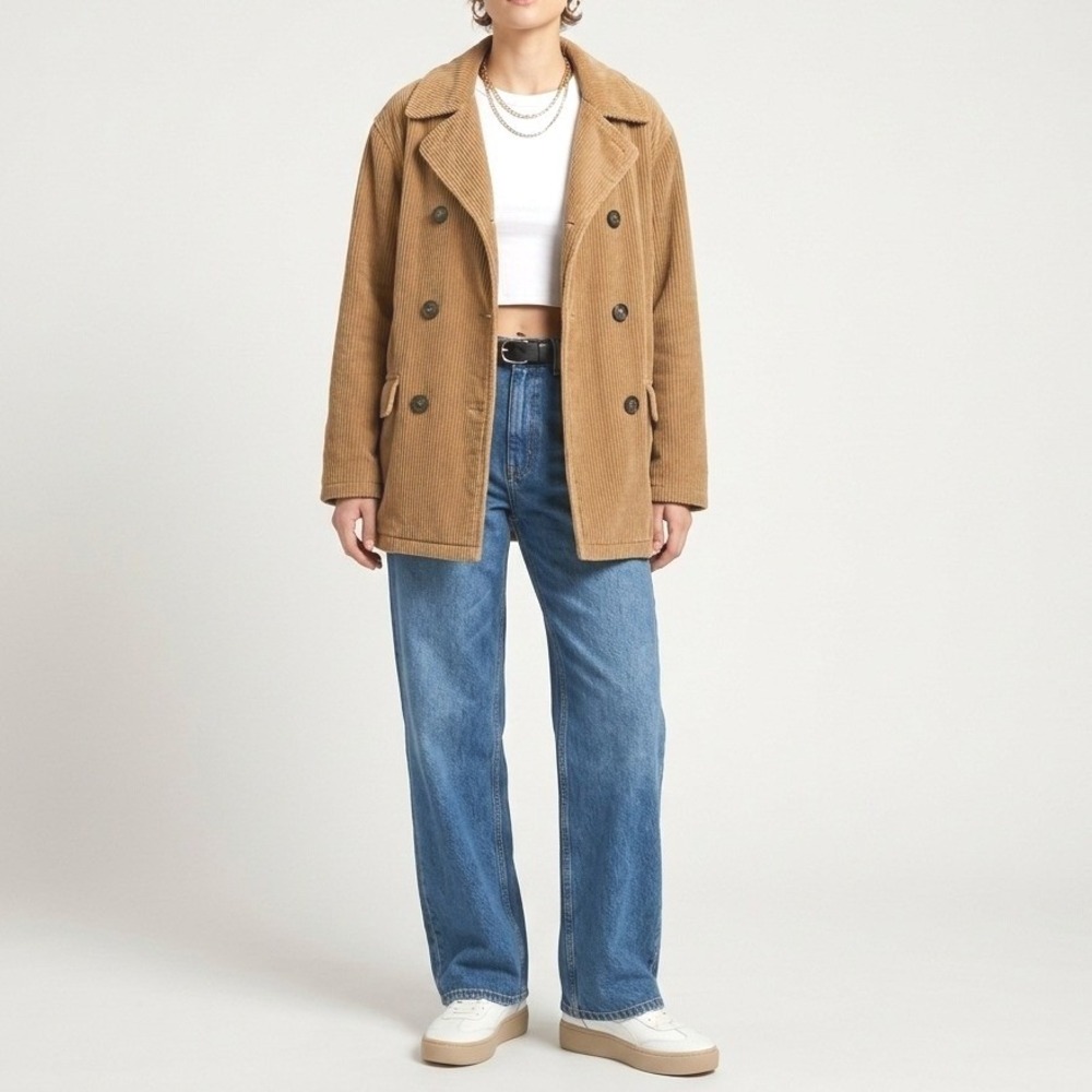 Abercrombie Peacoat Womens M Tan Brown Corduroy Double Breasted Vintage 90s Coat